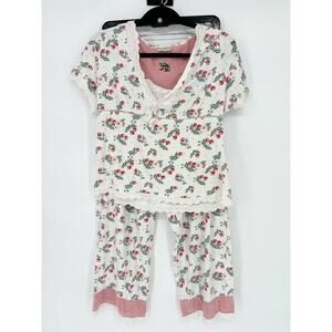 Vtg Mary Engelbreit Red Cherry Pajama Set Eyelet Lace Gingham Plaid Large 2 Pc
